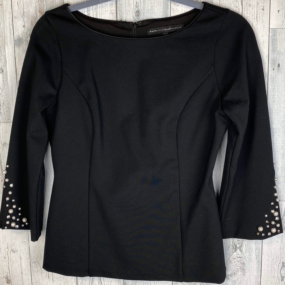 WHBM Black, Embellished, fitted top. Heavy weight. 6P Like New.